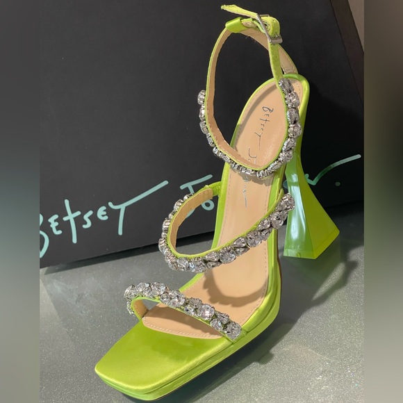 Betsey Johnson Shoes - Betsey Johnson Neon Lime Jeweled Strap Block Heel Sandals